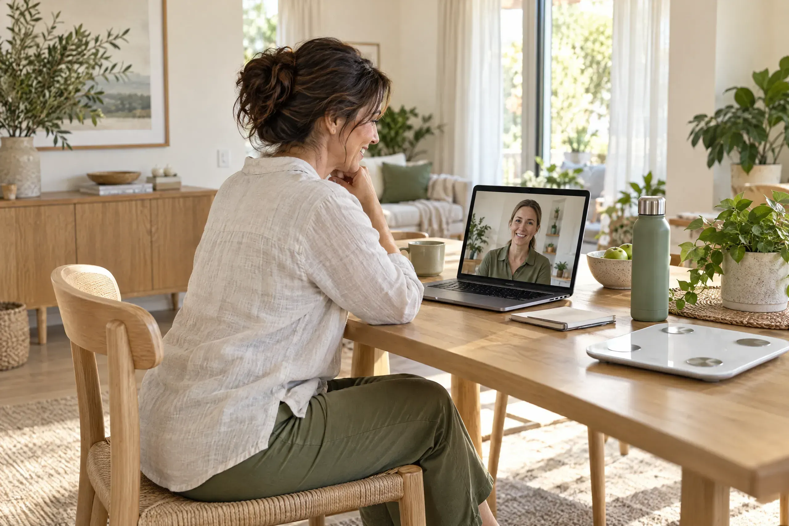 Client on a telehealth video visit for the Aspire Trim Clinic online weight loss program near Charlotte, NC