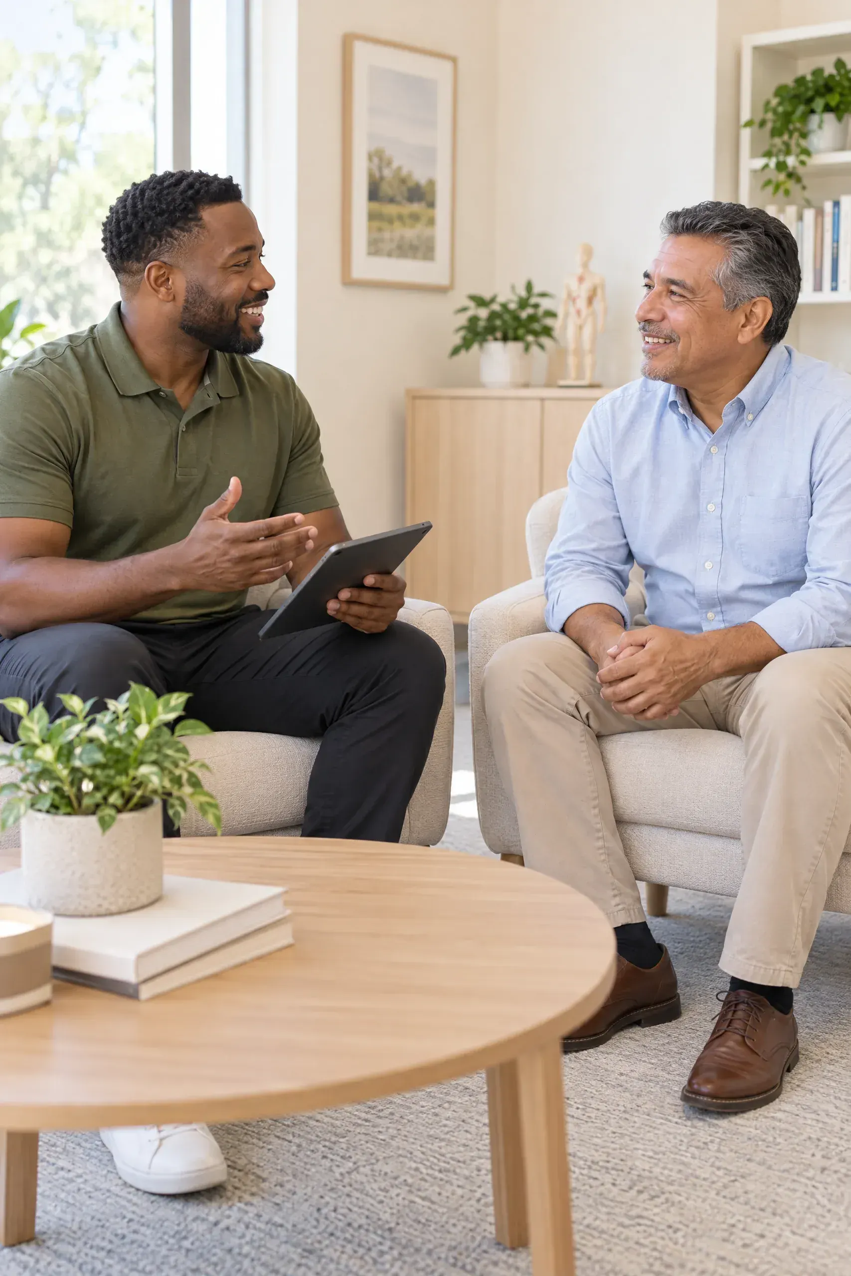 Coach reviewing a sexual health and vitality plan with a client at Aspire Trim Clinic in Matthews, NC