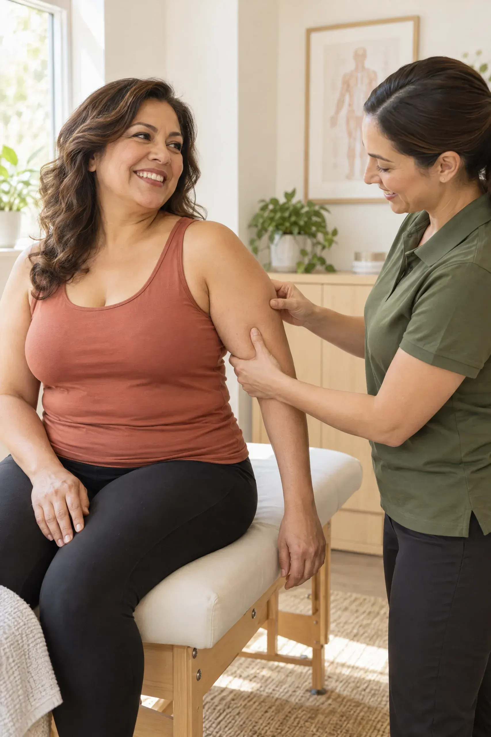 Coach reviewing skin tightening progress photographs of the abdomen with a client at Aspire Trim Clinic, Matthews, NC