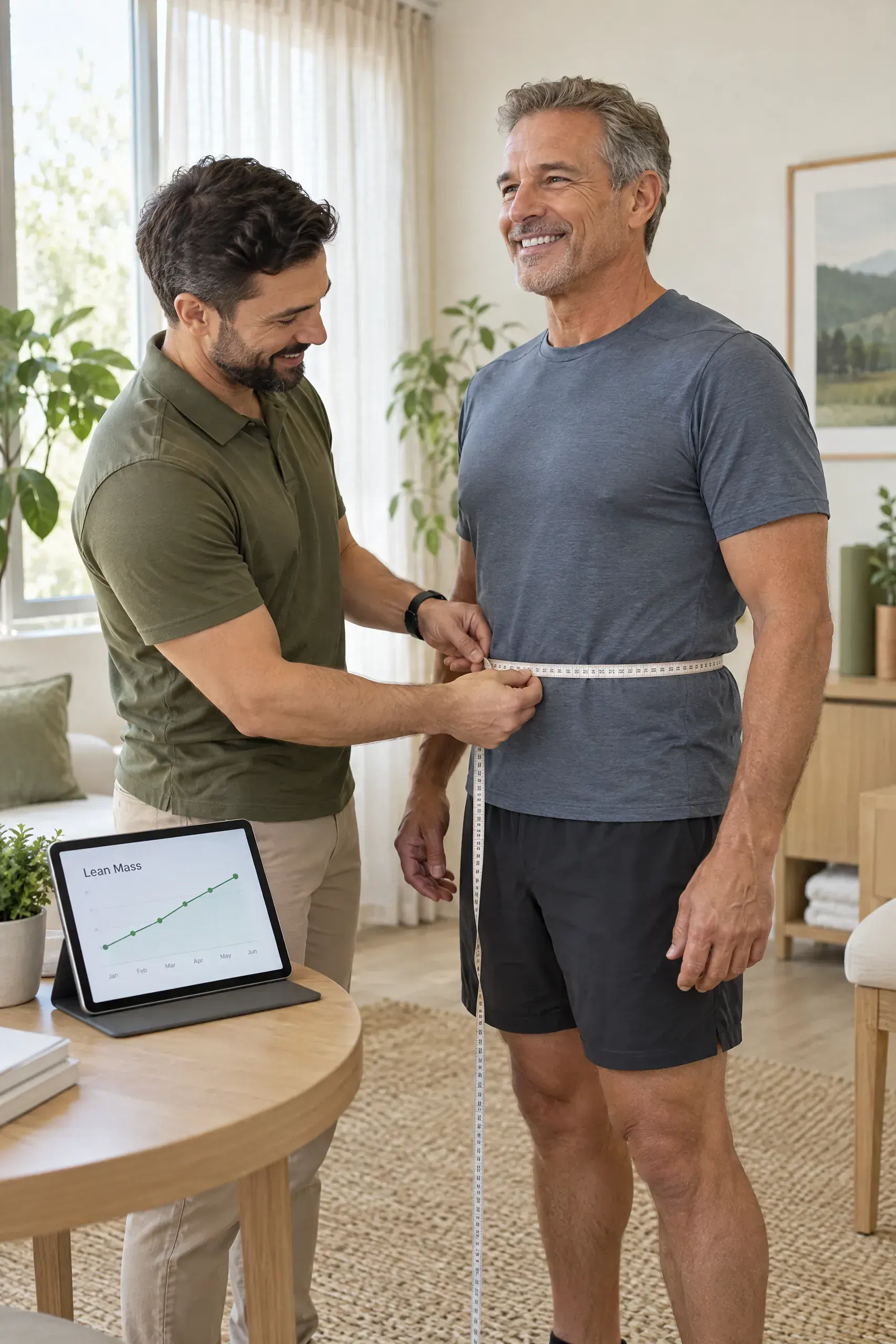 Aspire Trim Clinic coach walking a male client through his TRT wellness coaching check-in plan in Matthews, NC