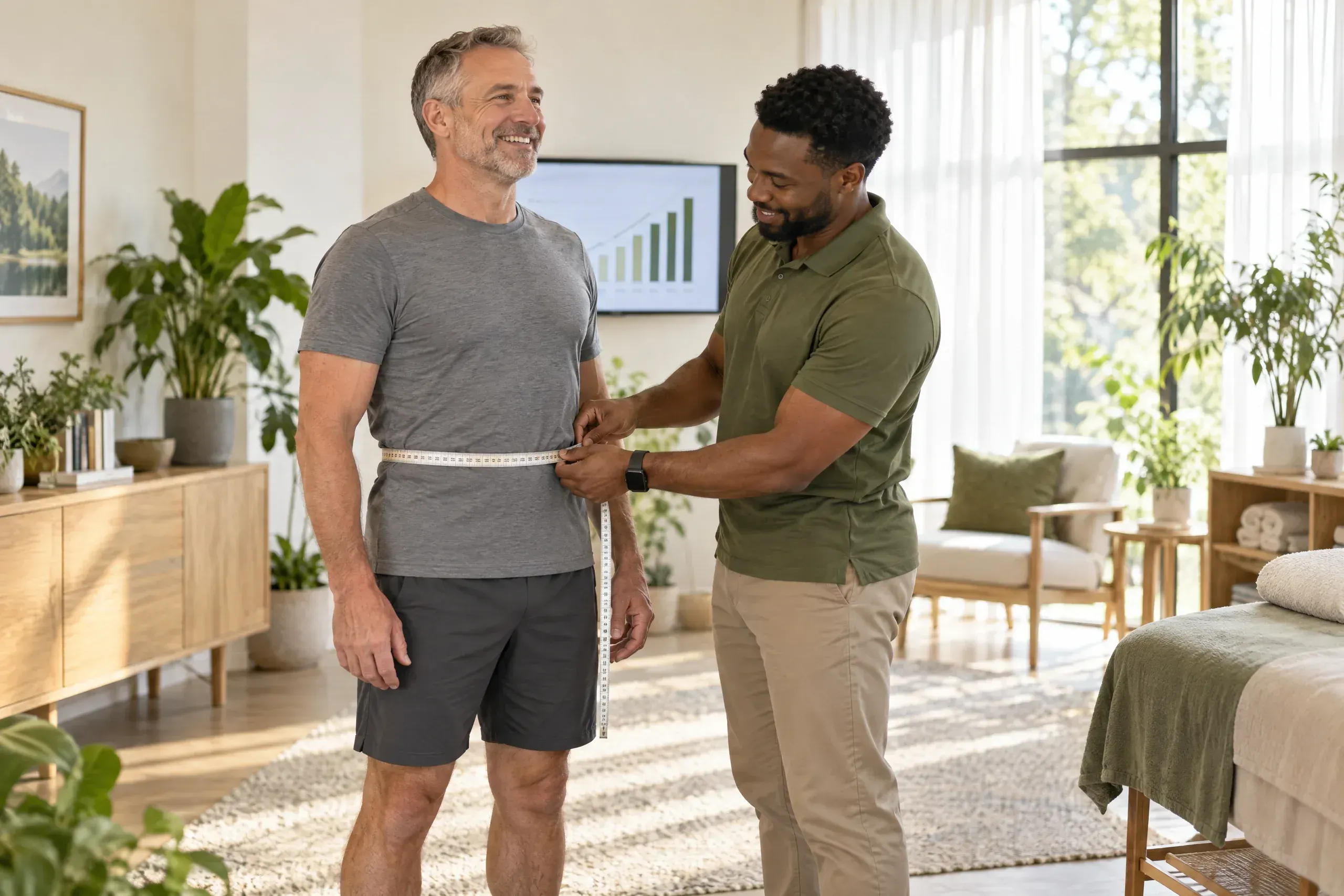 Coach reviewing waist and body fat measurements with a client working on belly and visceral fat near Charlotte, NC